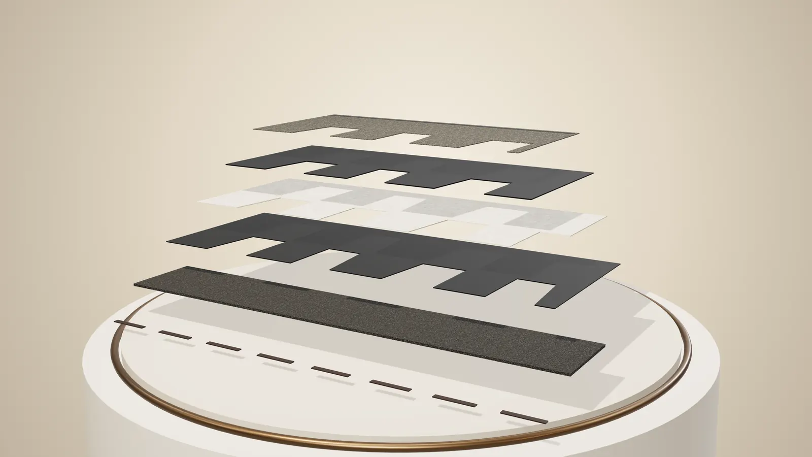 A laminated asphalt shingle specimen with its layers separated above a stone turntable: granule surface, asphalt, glass-fibre mat, asphalt, the laminated tab layer and the sealant strips.