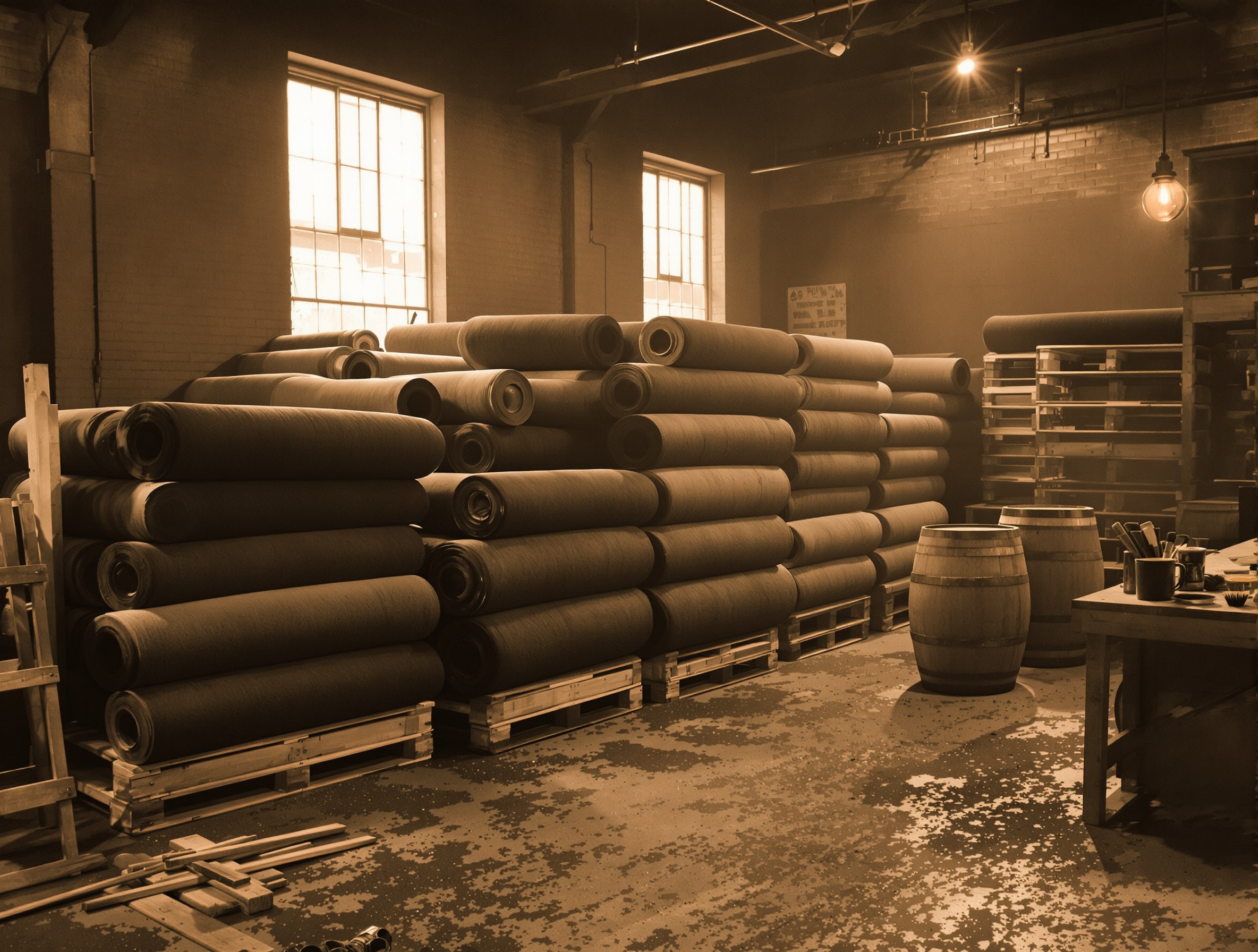 Styled visualization of an 1880s workshop with rolls of roofing felt and wooden barrels