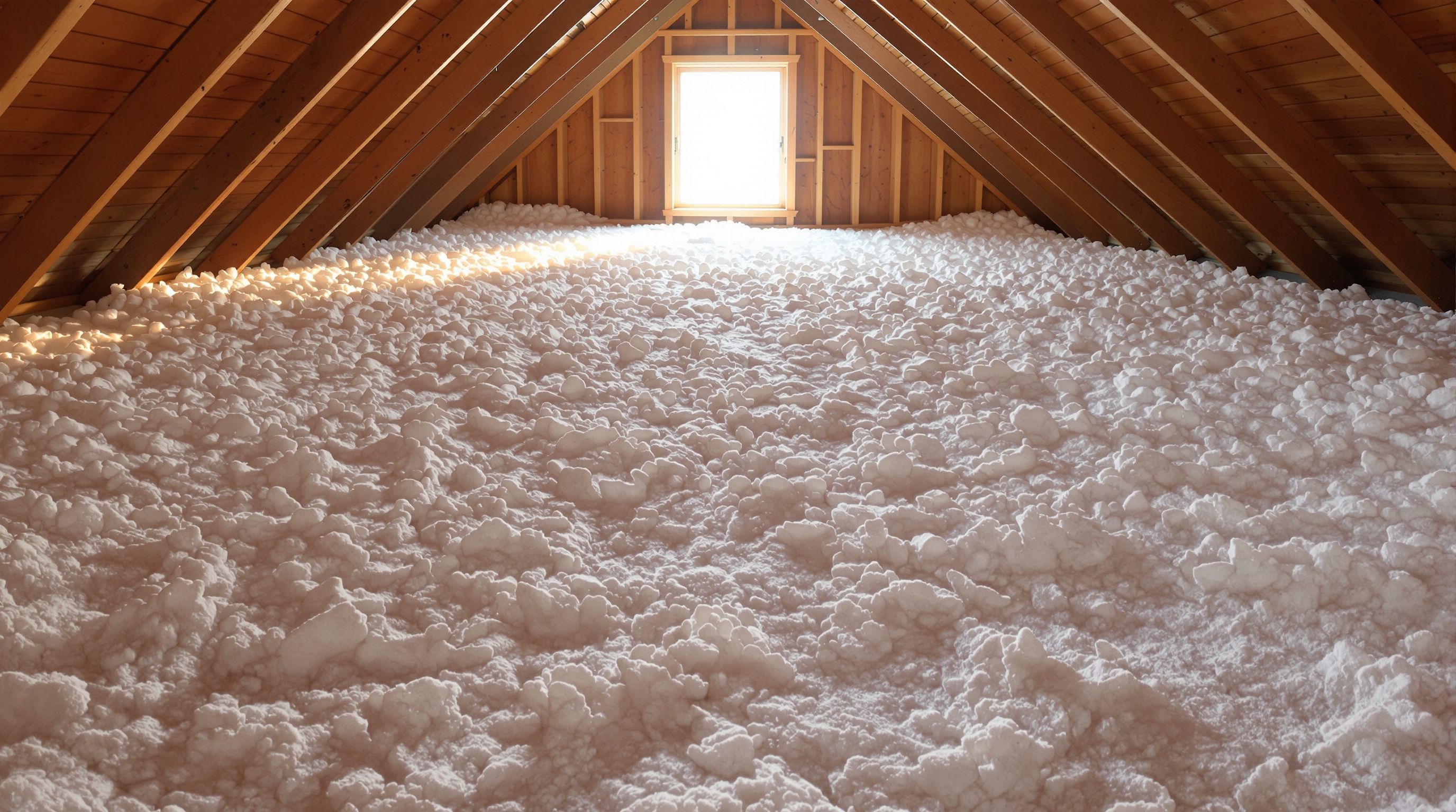 Stylized visualization of an attic blanketed in white blown-in fiberglass insulation at golden hour