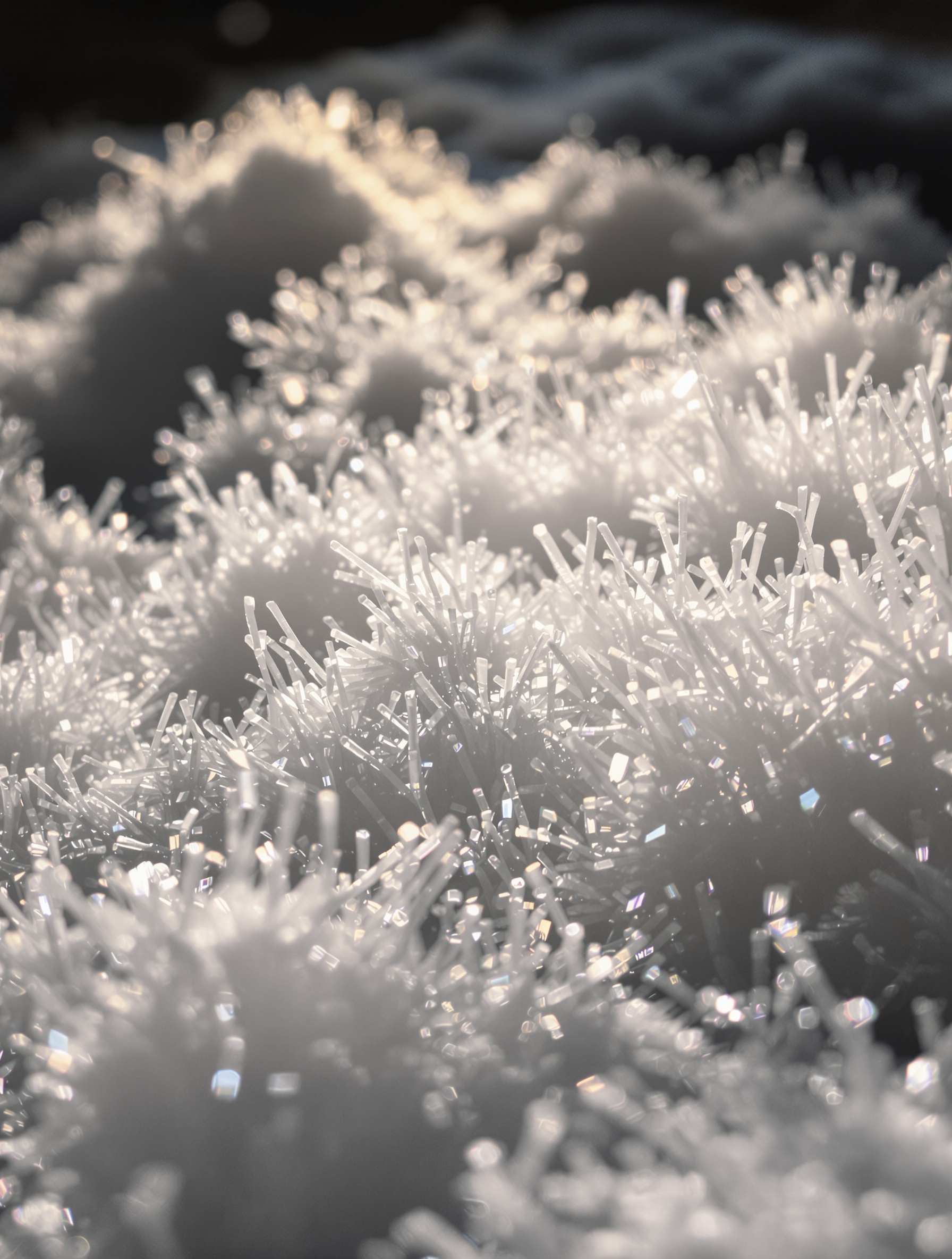 Stylized macro rendering of fine white glass fibers catching warm light