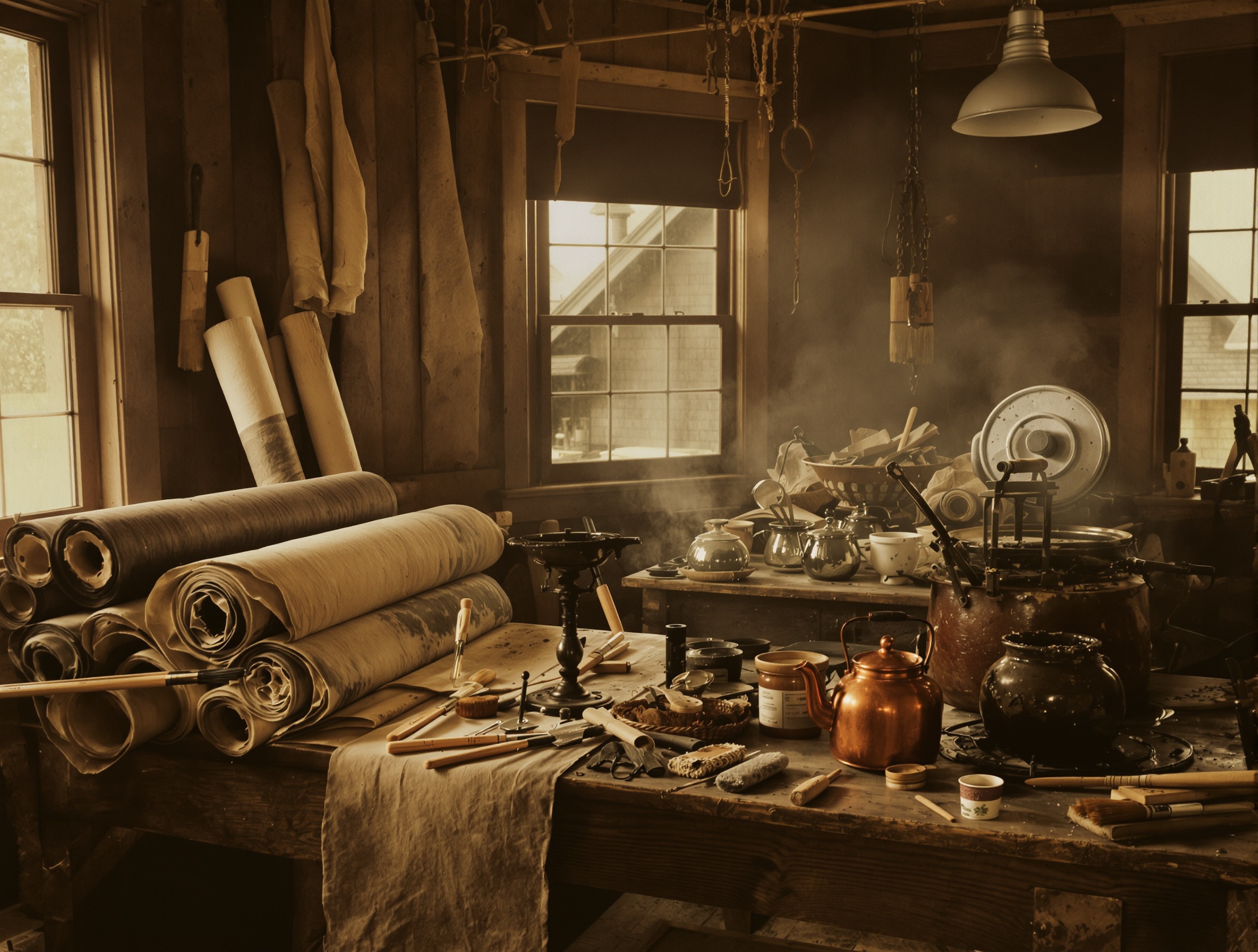 Styled visualization of an 1850s roofing-materials workshop with tarred cloth rolls and a copper kettle