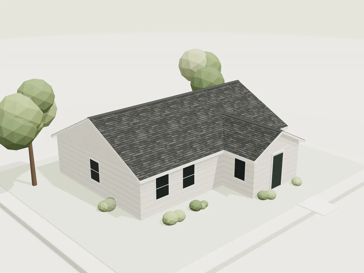 The sample house with a gable roof and a front cross gable.
