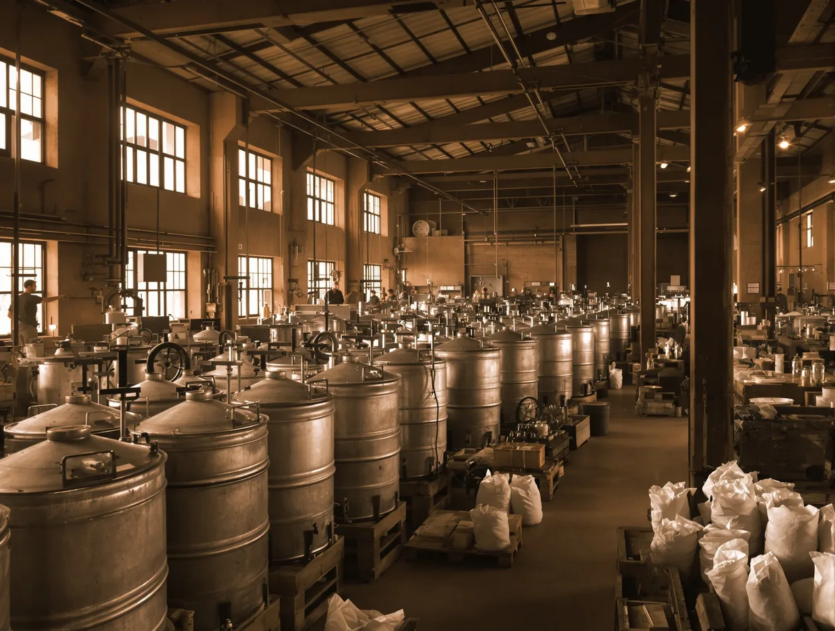 Styled visualization of a 1920s California metal works with rows of galvanized tanks