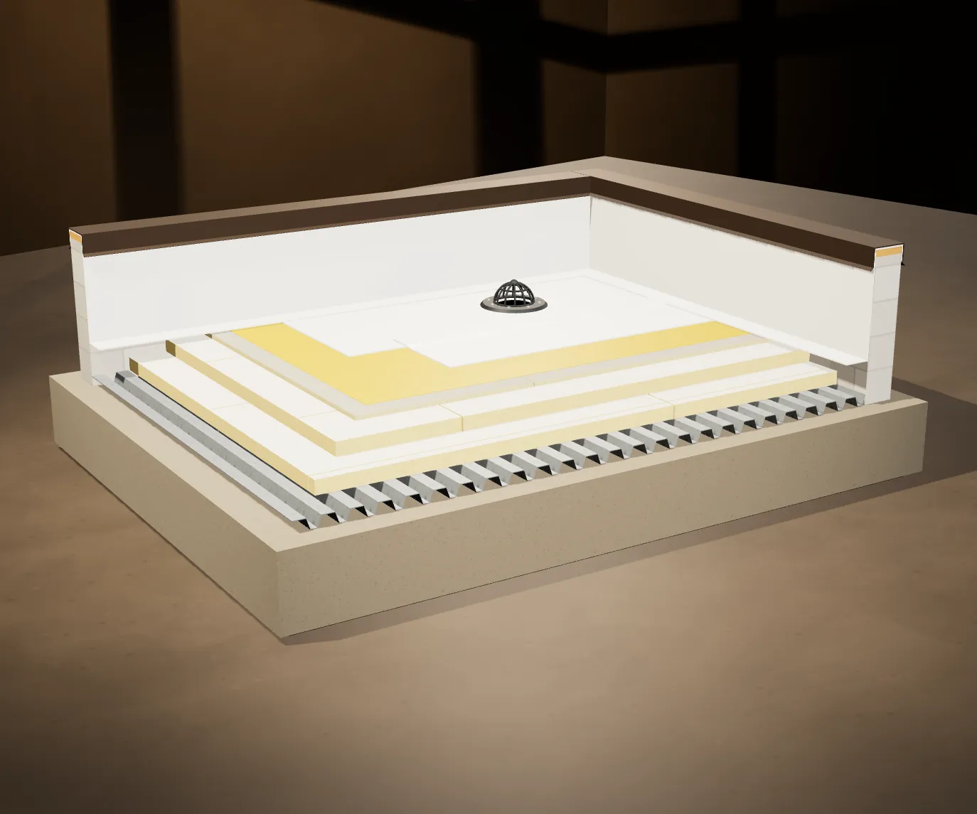 A low-slope roof corner cut open on a plinth in a dark gallery — steel deck, insulation, cover board, white membrane, parapet with coping and a drain