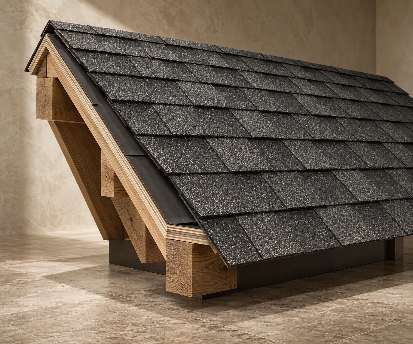 Architectural roof section with textured charcoal shingles and exposed timber rafters in a warm stone gallery