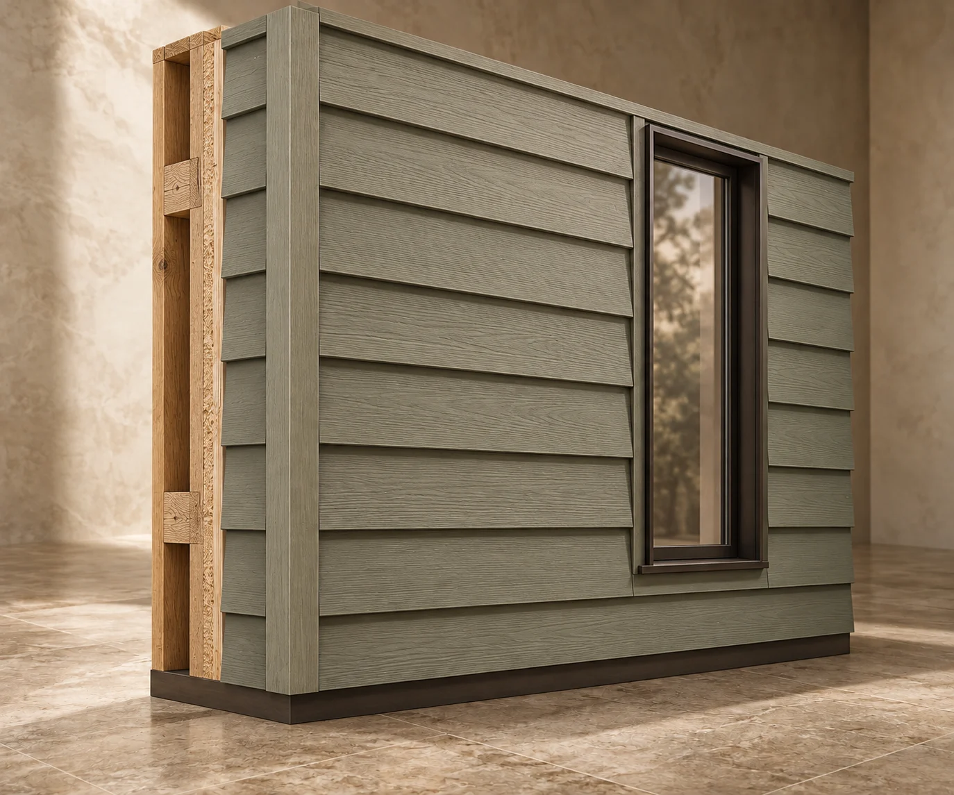 Sage grey lap siding and a bronze window reveal, with a timber wall section visible at the edge