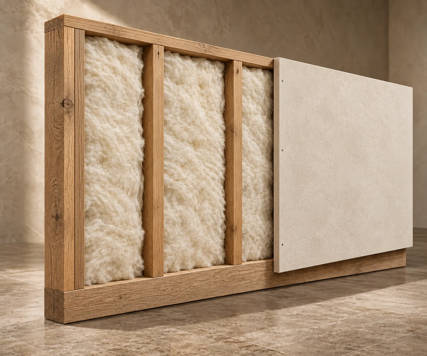 Timber wall section with textured ivory insulation and an offset plaster panel