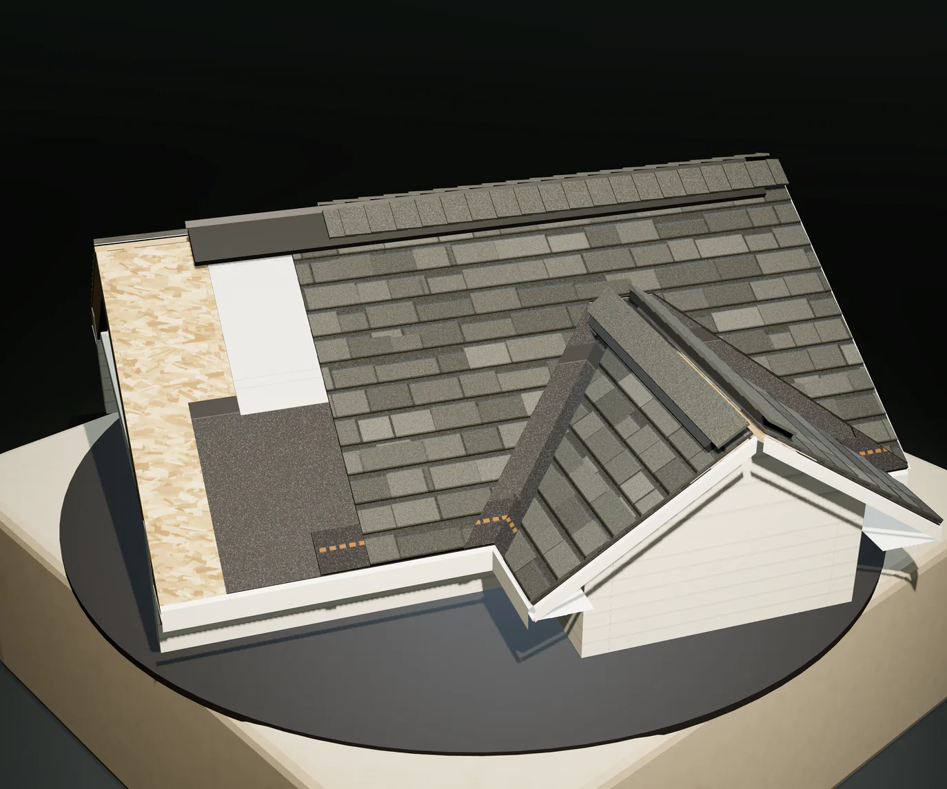 A cut-away roof section on a stone plinth under gallery light, its layers stepped back from deck to shingles