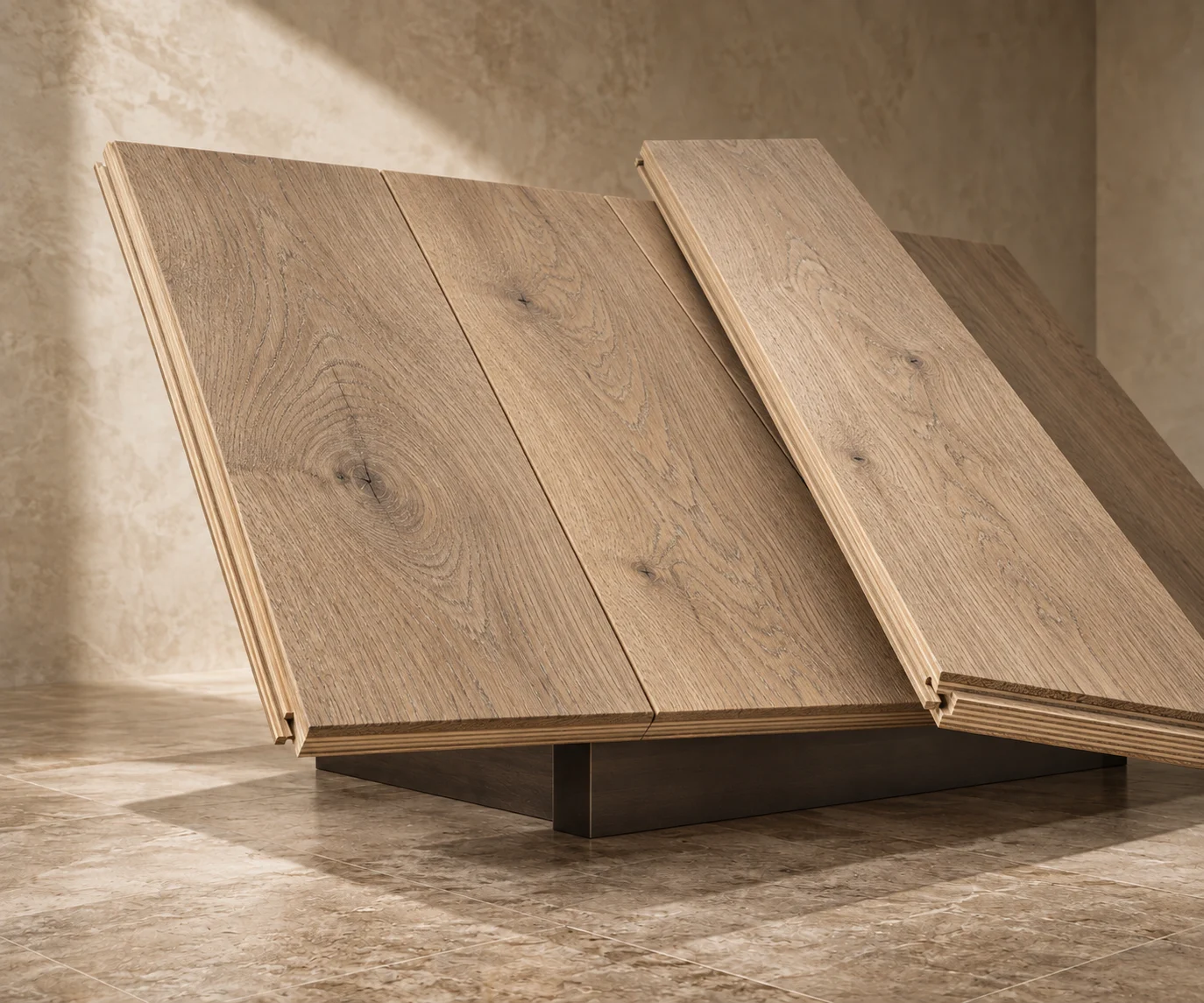 Oak floorboards with detailed natural grain and an exposed layered edge in a warm material gallery