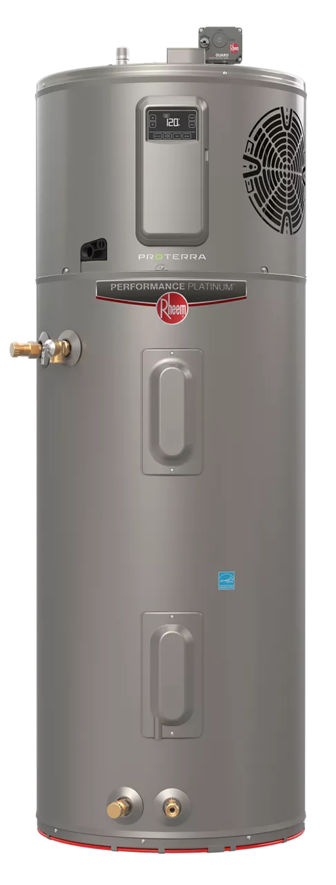 Actual Rheem Performance Platinum ProTerra water heater, shown on a bronze pedestal in a warm stone gallery