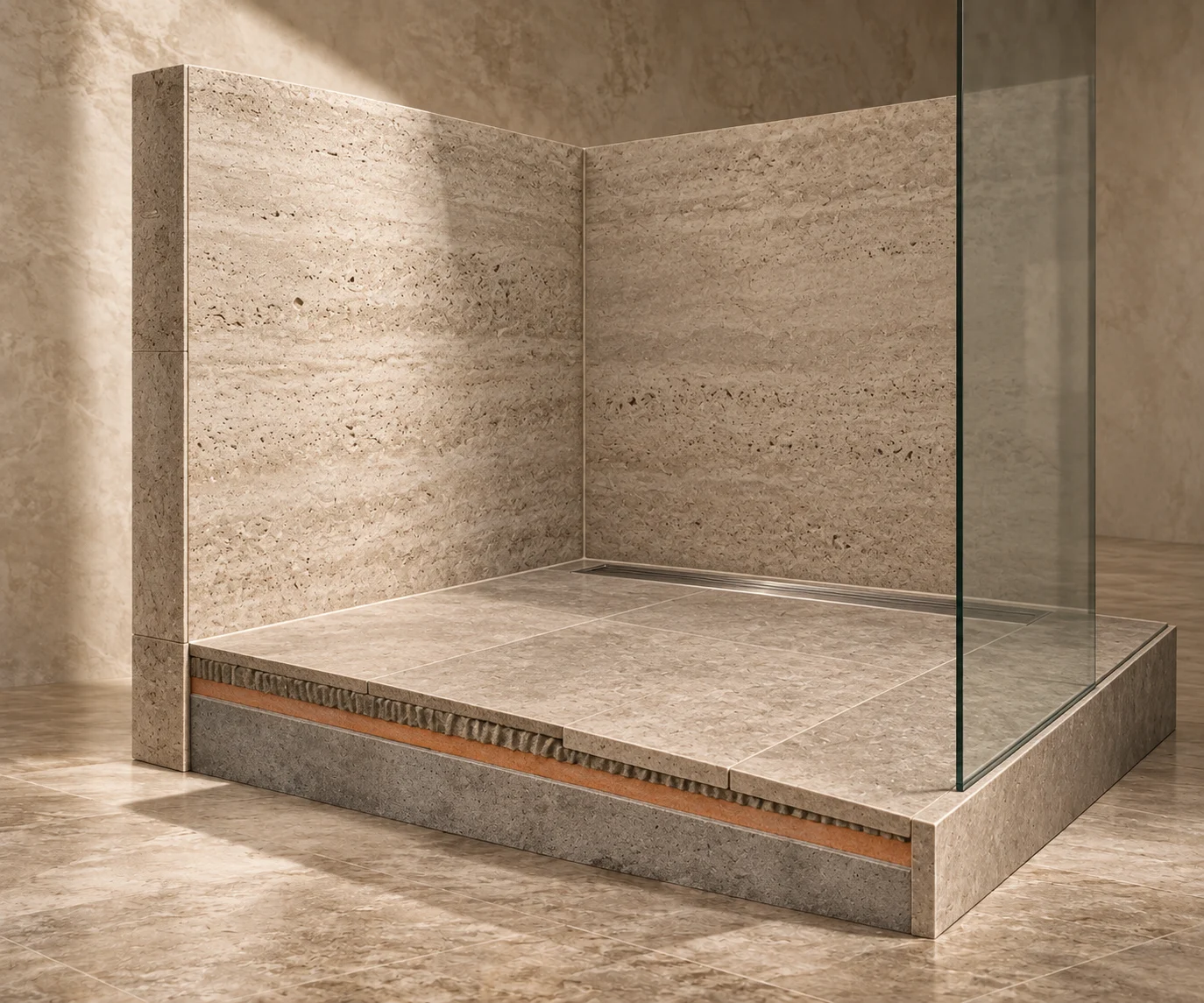 Travertine shower study with a linear drain, glass screen and exposed layers beneath the tile