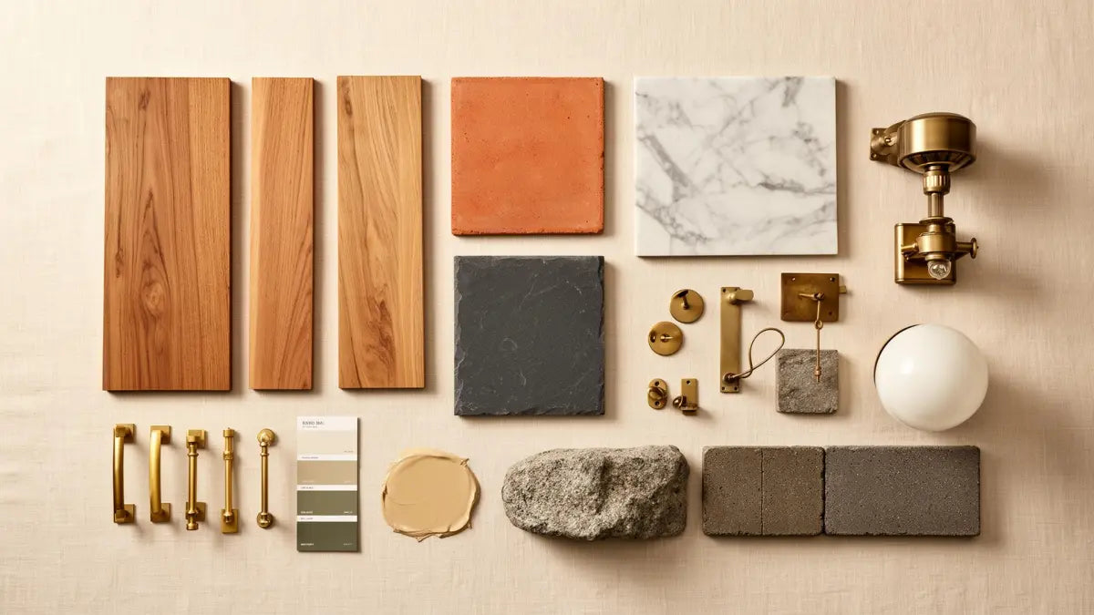Wood, stone, tile, hardware and lighting arranged in a material library