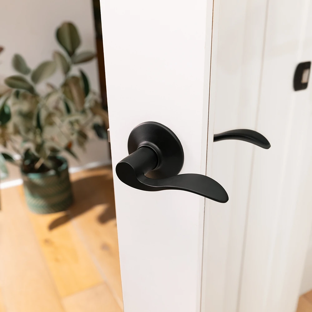 Matte black Schlage lever installed on a white door