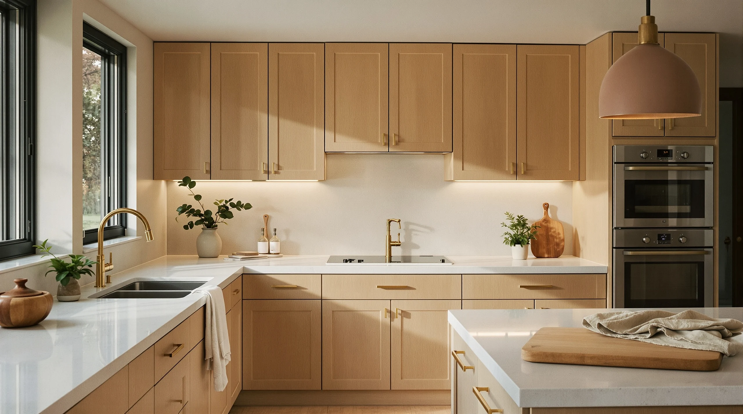 Oak kitchen cabinetry, pale counters and brass fixtures in warm evening light