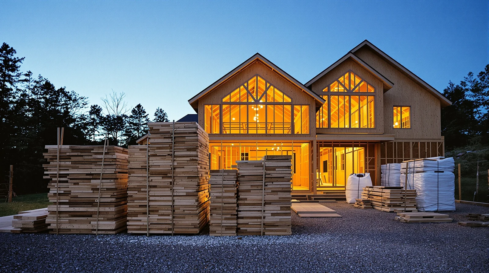Building materials staged beside a house under construction at dusk