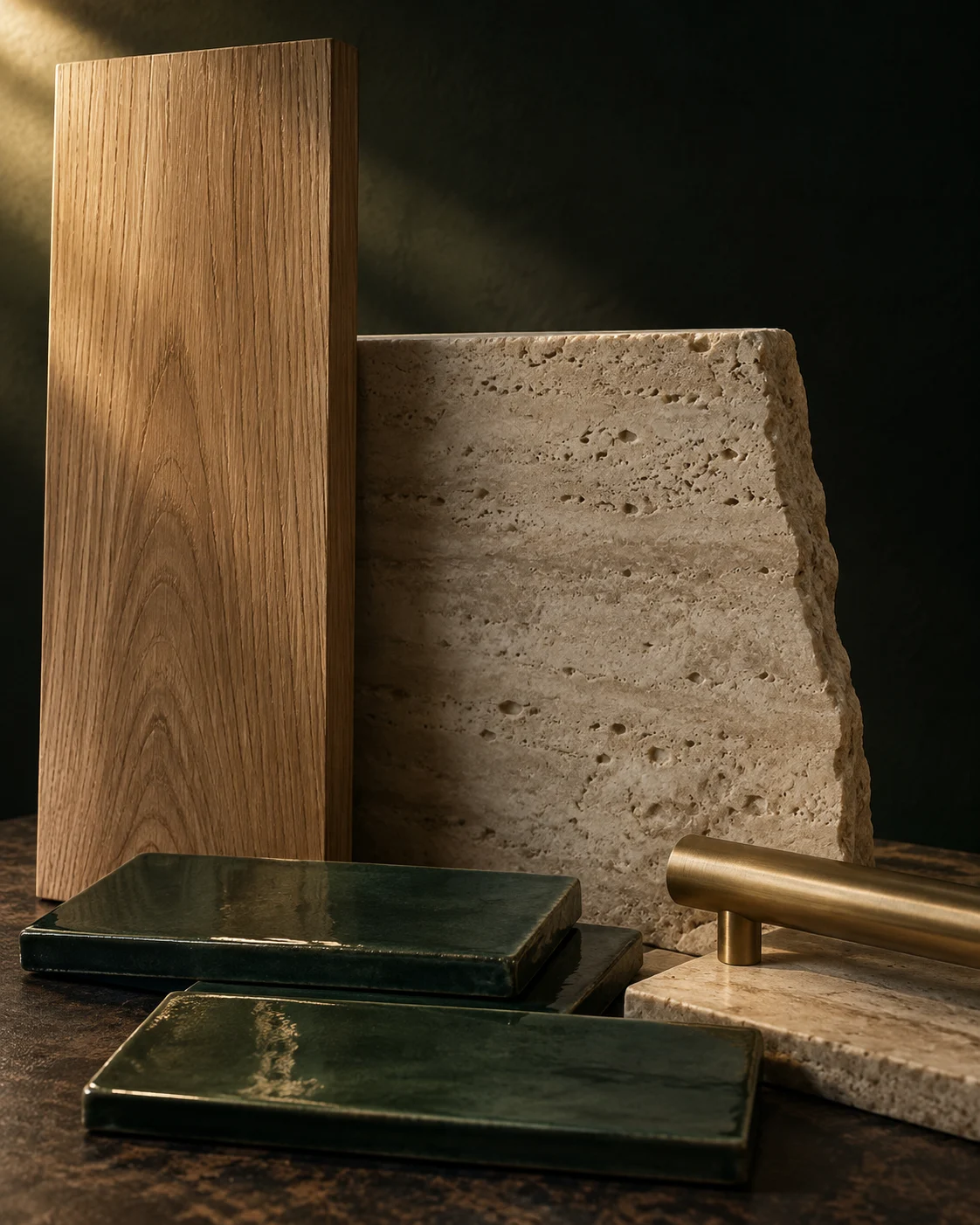 An oak board, travertine slab, green glazed tiles and a brass pull arranged as a material study